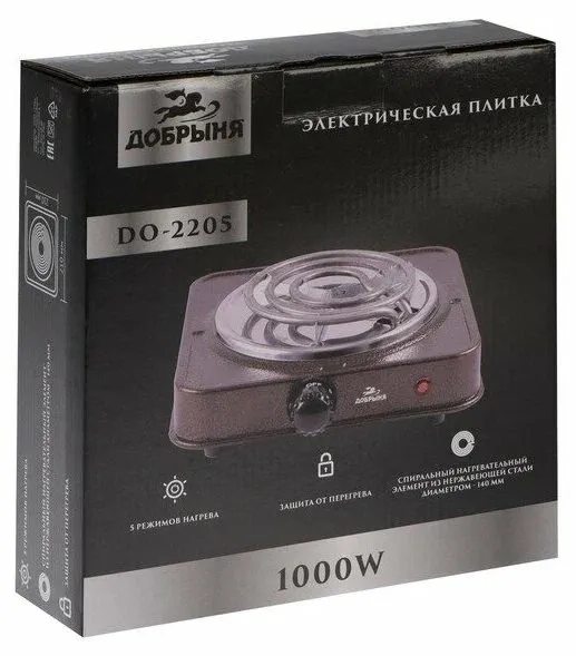 5. Эл.плитка Добрыня DO-2205W белая, 1конф.1,0кВт,спираль